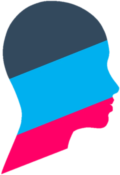 CRM-Evolution-Logo – stilisierter Kopf in den Markenfarben Dunkelblau, Cyan und Magenta